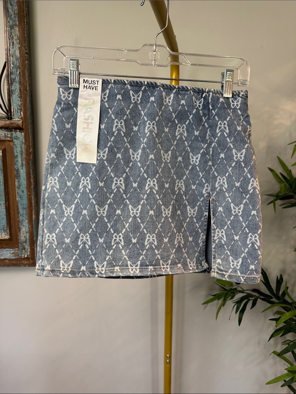 Tinseltown Blue Denim ombré Mini Skirt with White Bow butterfly Print